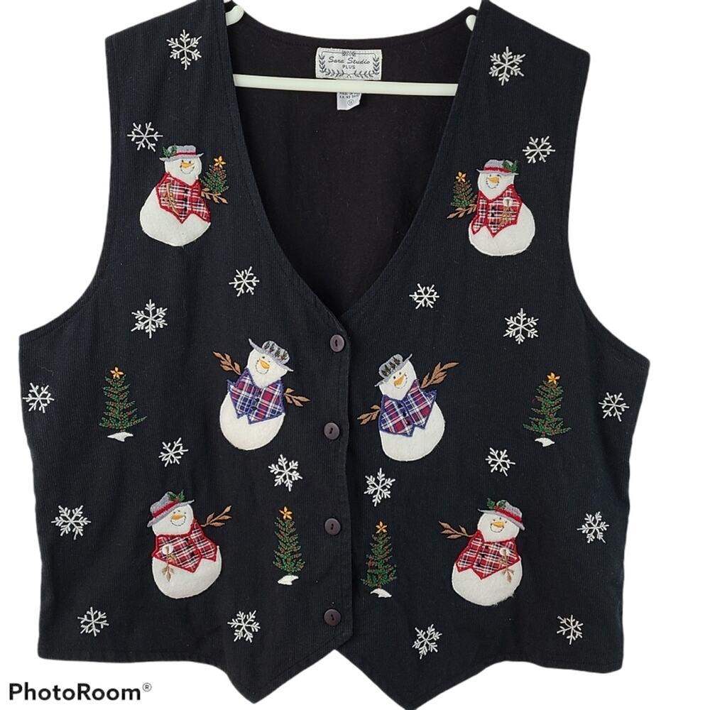 Vintage Sara Studio applique snowman vest,1X, EUC